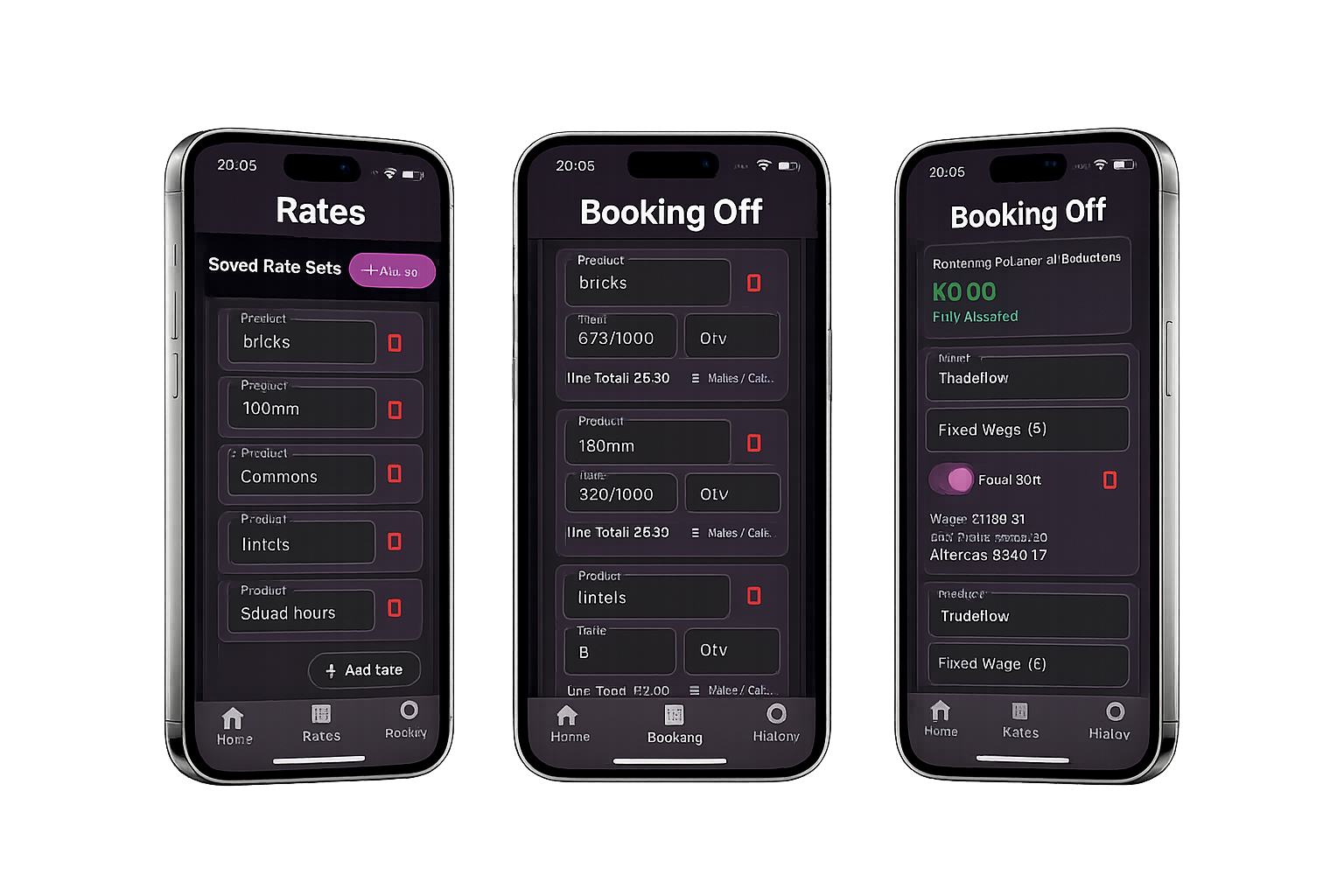 TradeFlow app screens showing rates and booking off